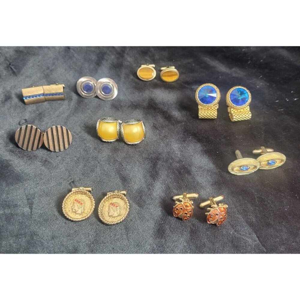 LOT of 9 Vintage Cufflinks RETRO Fancy Jeweled Mesh Wrap Davino, Swank, Dante